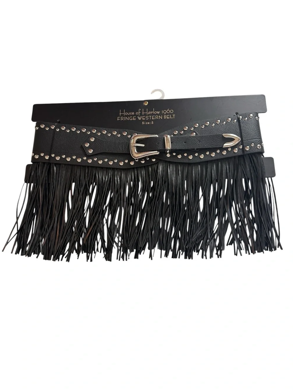 House of Harlow 1960 Black Fringe Belt with Silver Studs and Buckle